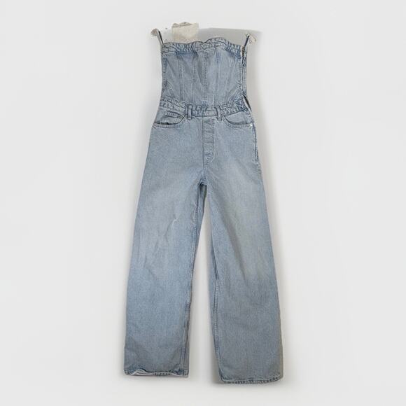 Zara Pants - Zara Jumpsuit Womens Size Medium Blue Denim Stretch Strapless Wide Leg Baggy